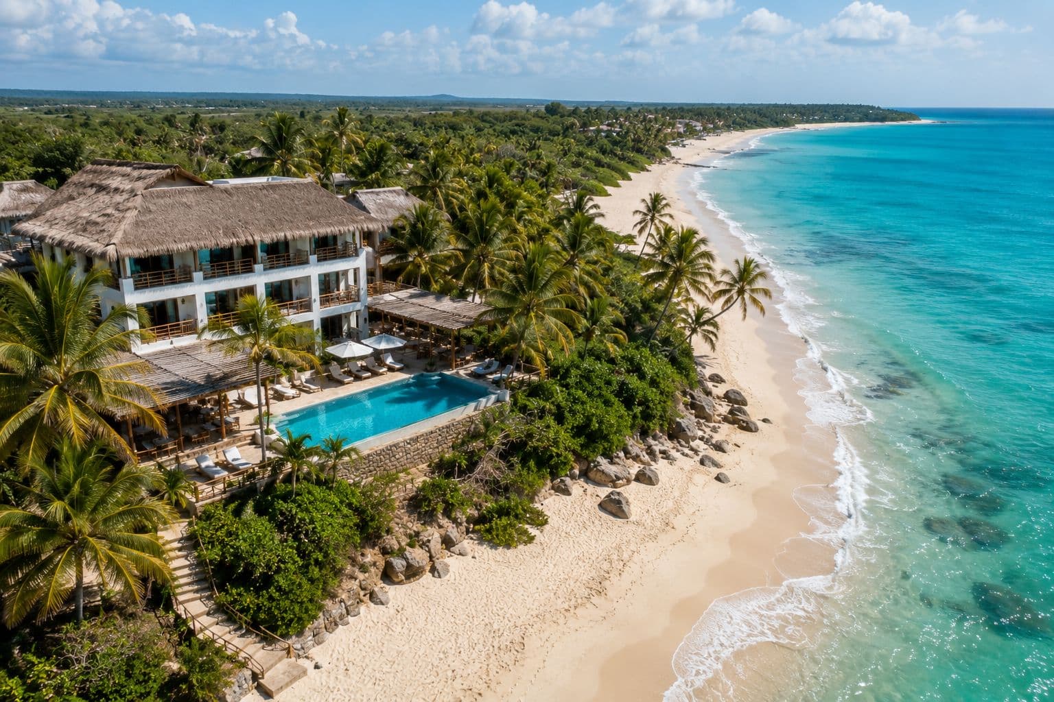 Vista aérea de un hotel frente a la playa